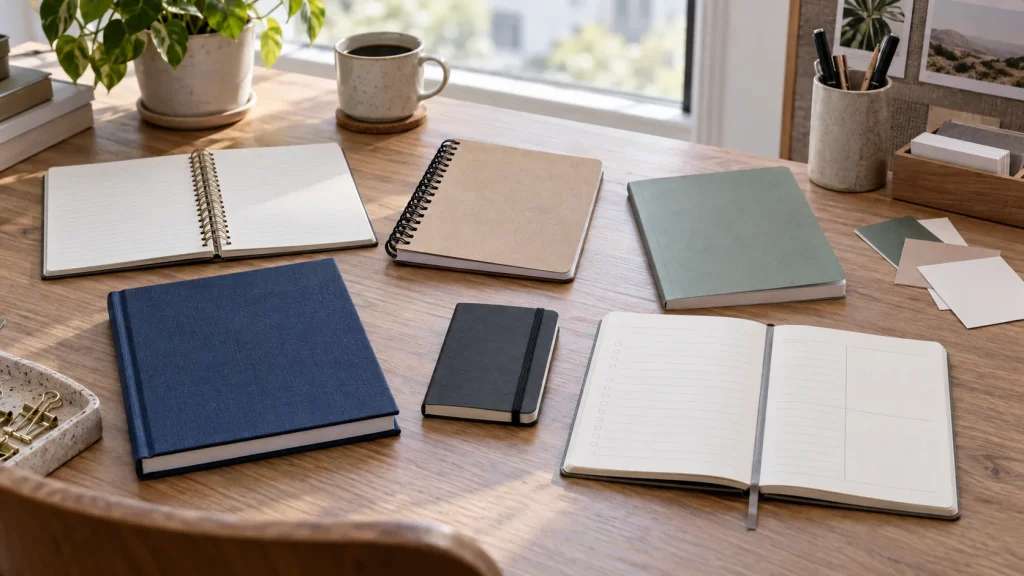 Unbranded notebooks in different formats and constructions arranged for product planning