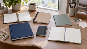 Unbranded notebooks in different formats and constructions arranged for product planning