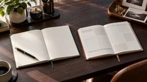 Open notebook and guided journal samples arranged for a product comparison