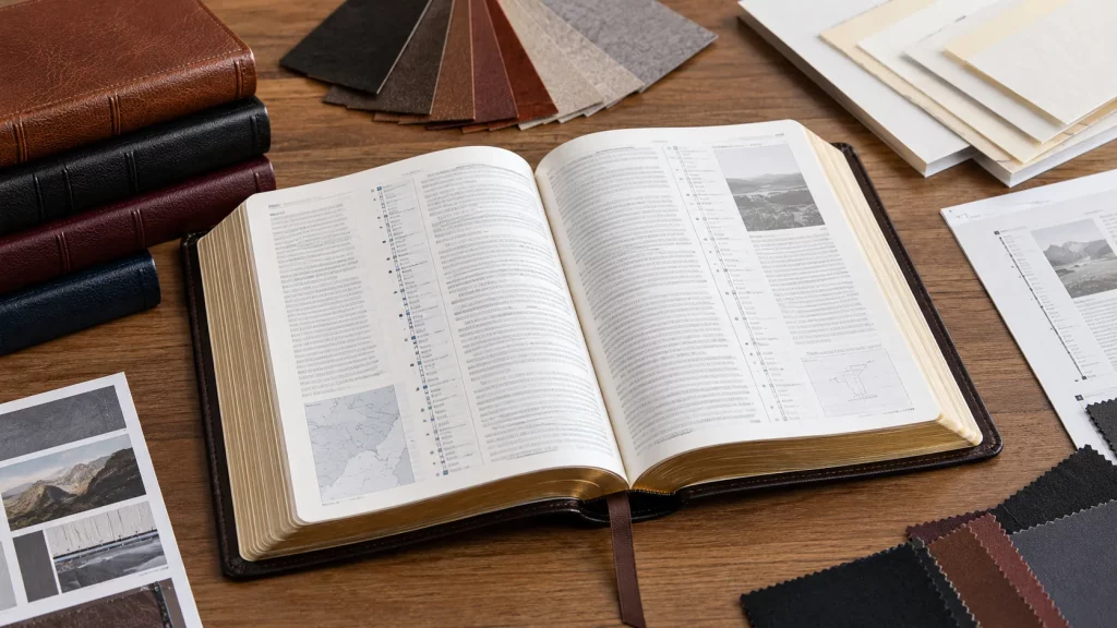 Open reference Bible production dummy with cross-reference page architecture