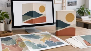 Monitor displaying a geometric cover design beside a matching printed cover, map proof, and paper swatches on a desk
