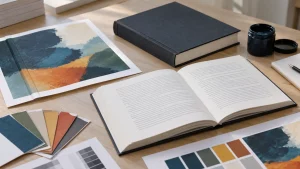 Open book beside colorful printed sheets, paper swatches, and a closed dark book on a wooden table
