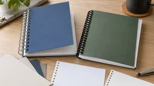 Wire-O and plastic spiral notebook samples arranged for a binding comparison