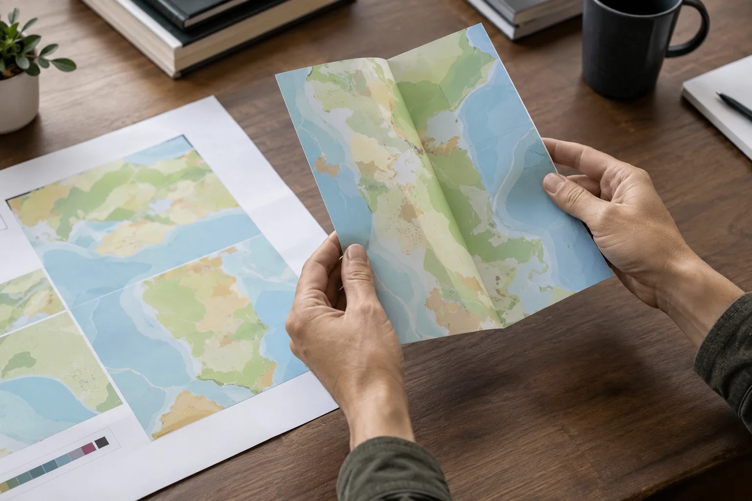 Hands holding a folded color map insert beside printed map samples