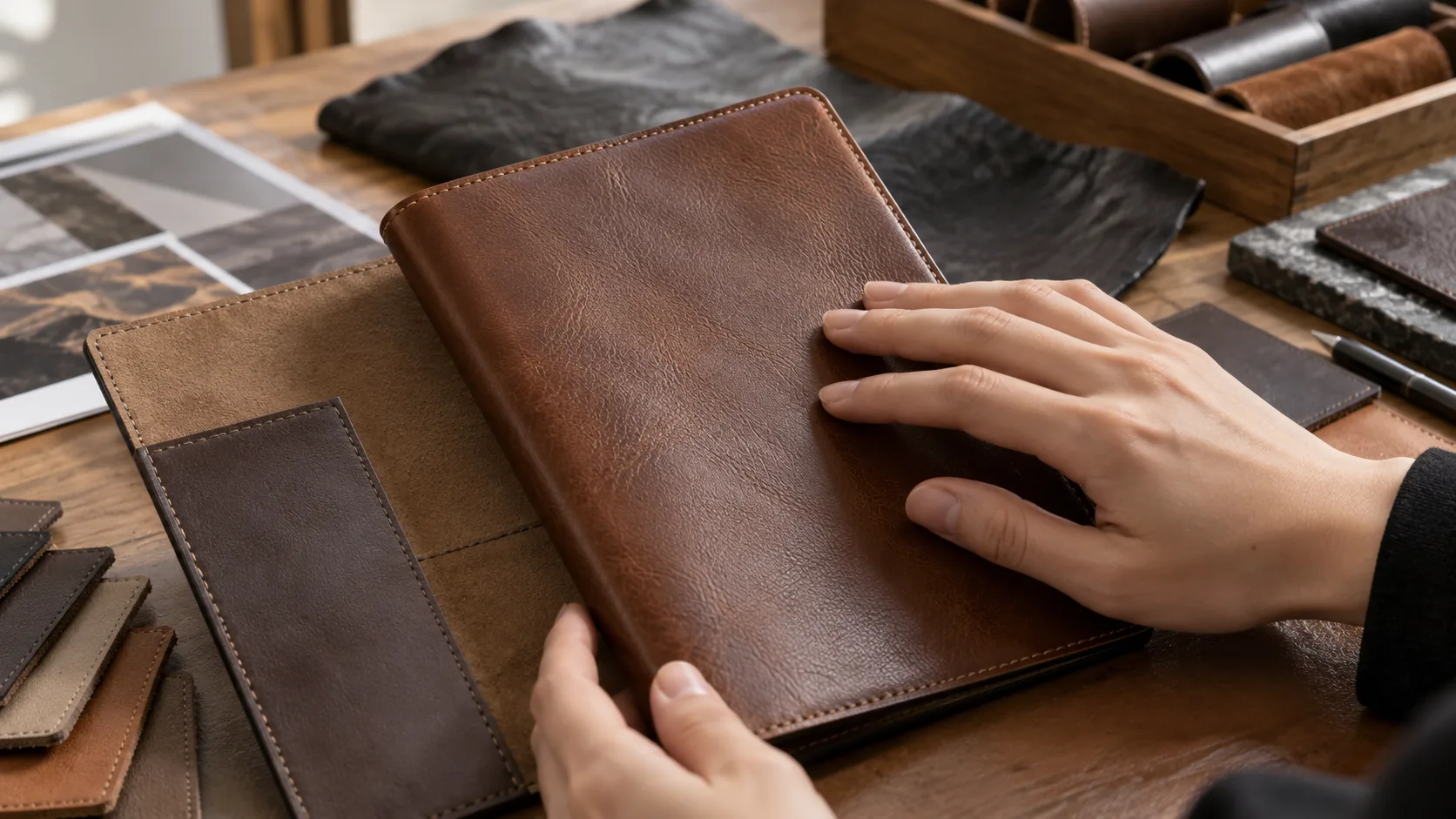 Genuine leather notebook cover sample showing natural grain and edge finishing