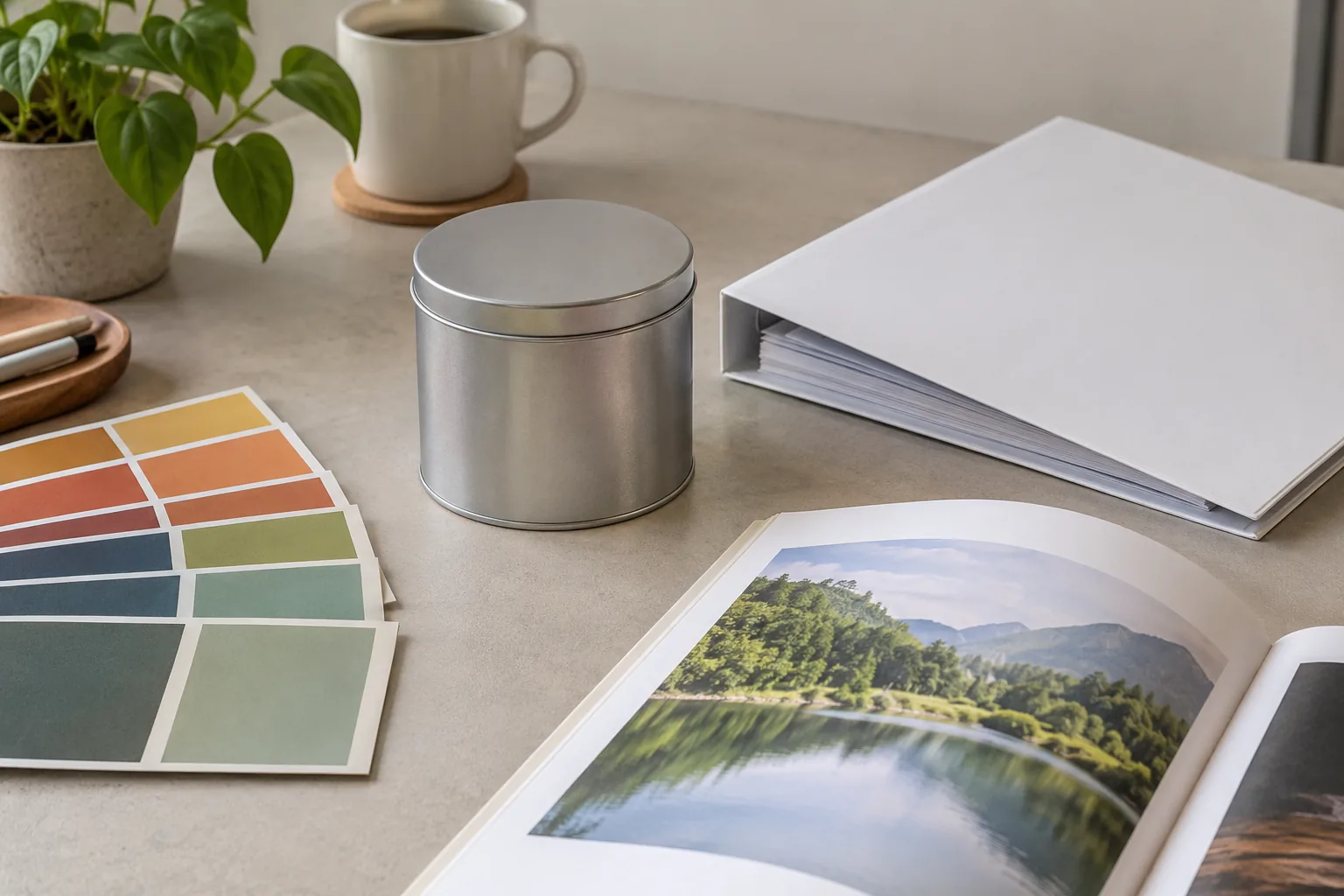 Color swatches, a closed metal tin, blank sheet stack, and an open image book on a worktable