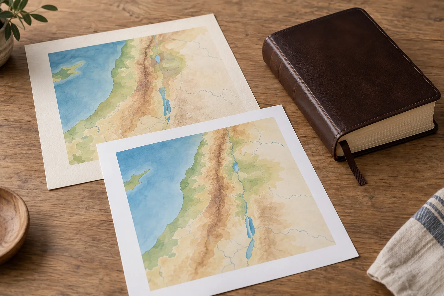 Two printed map proofs beside a closed brown Bible on a wooden table