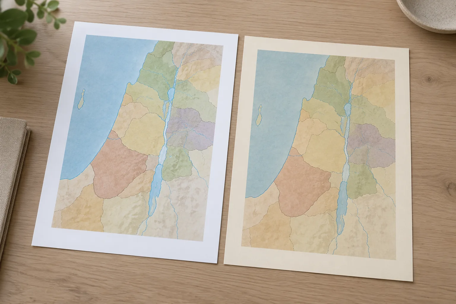 Two color map print samples with different white and cream borders