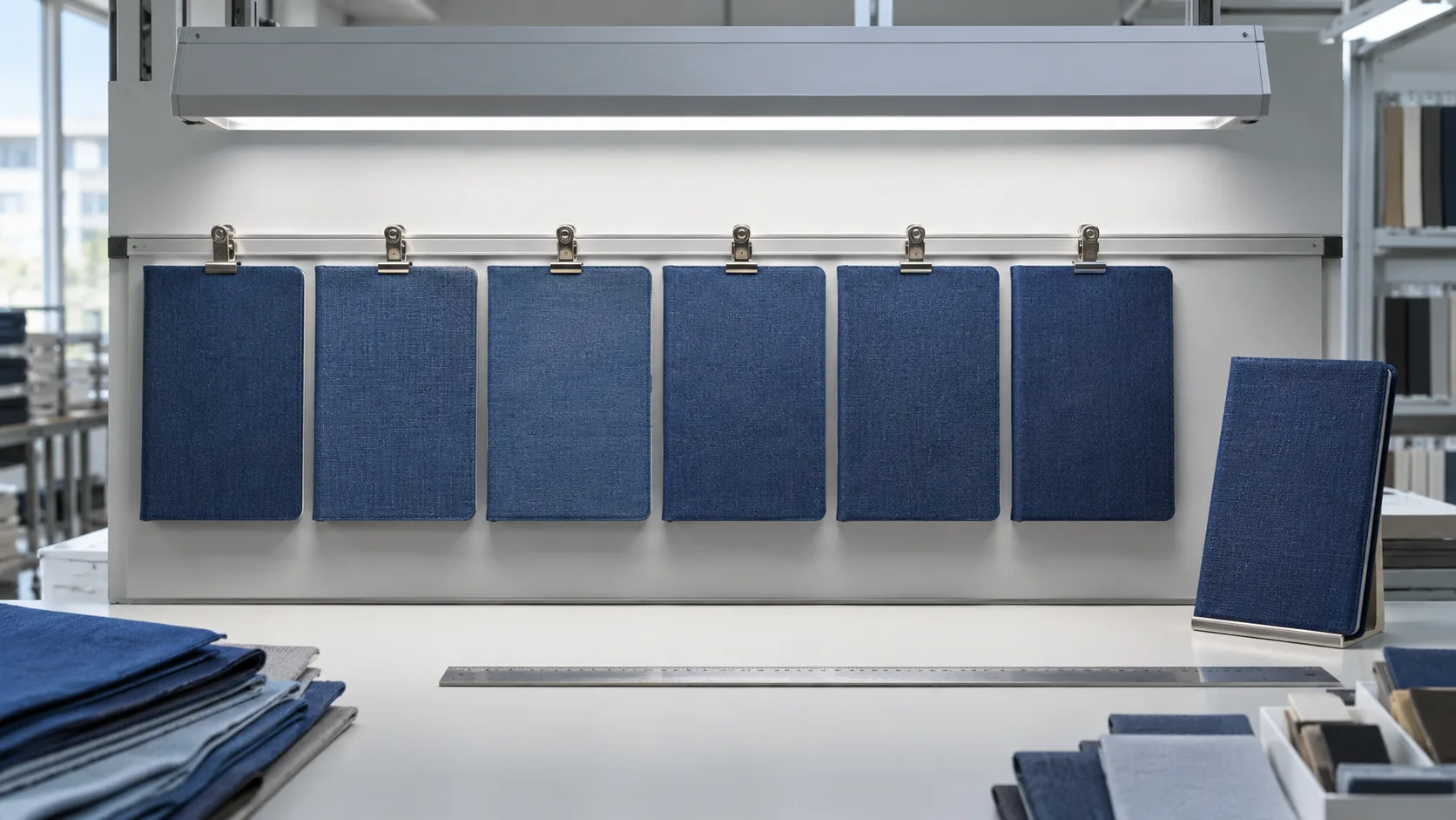 Notebook cover samples and material swatches compared for batch consistency