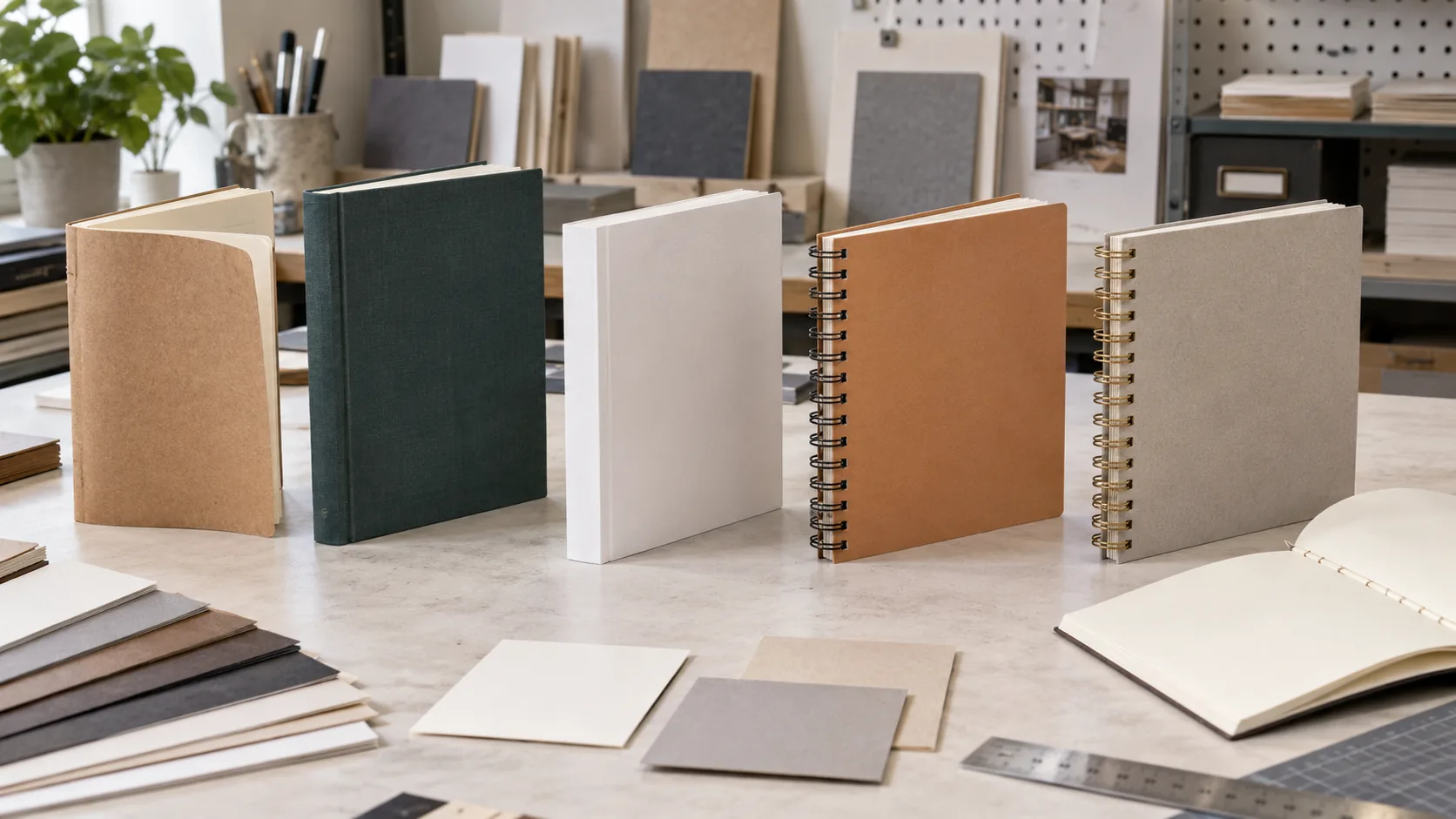 Unbranded notebook samples showing softcover, hardcover, spiral, Wire-O, and sewn construction