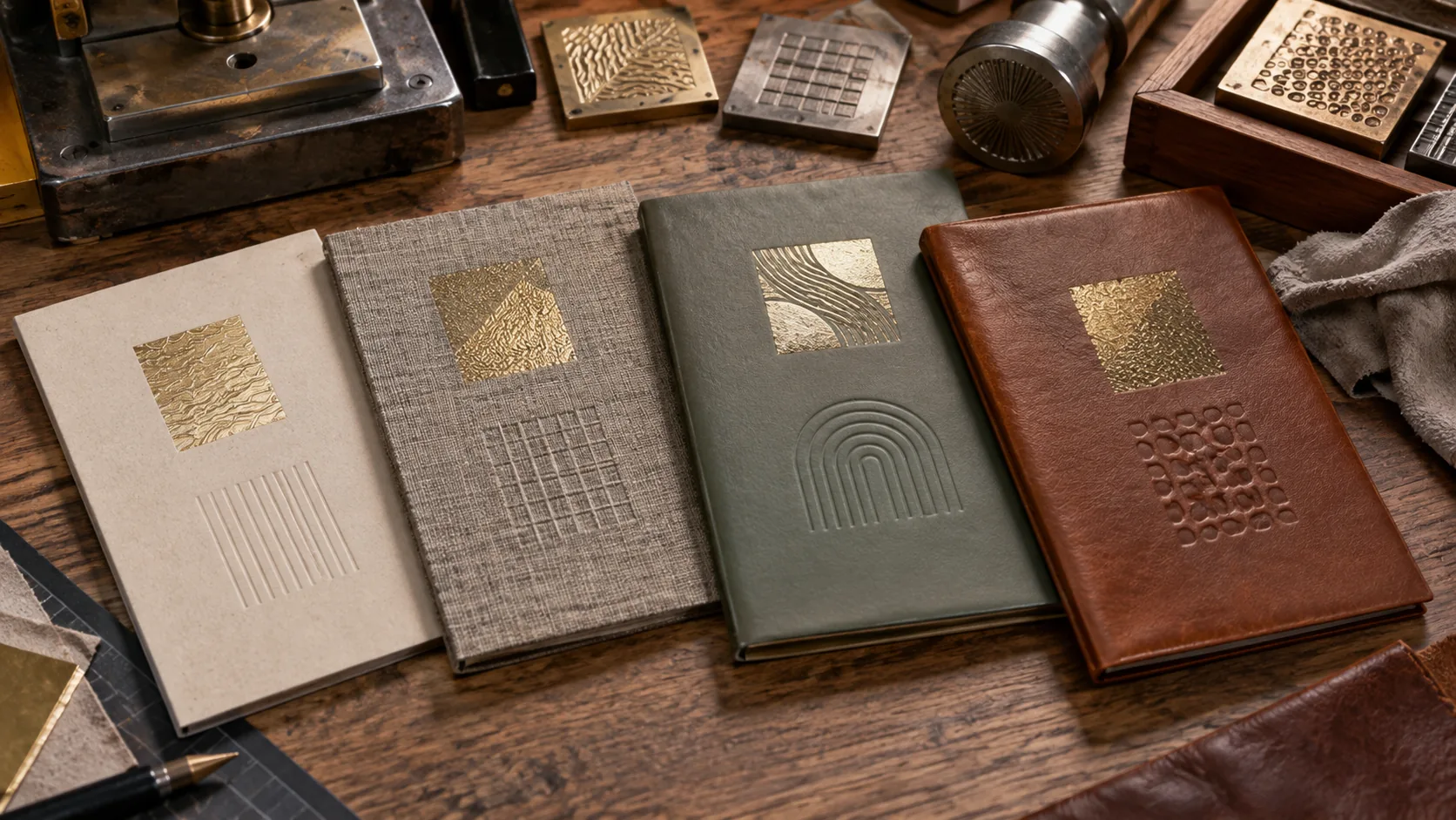 Notebook cover material samples with foil and embossed finish tests