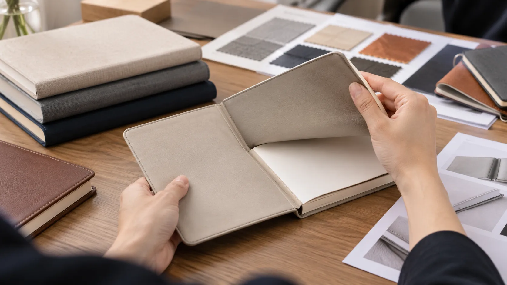 Notebook cover samples being opened, flexed, and checked at the spine and corners