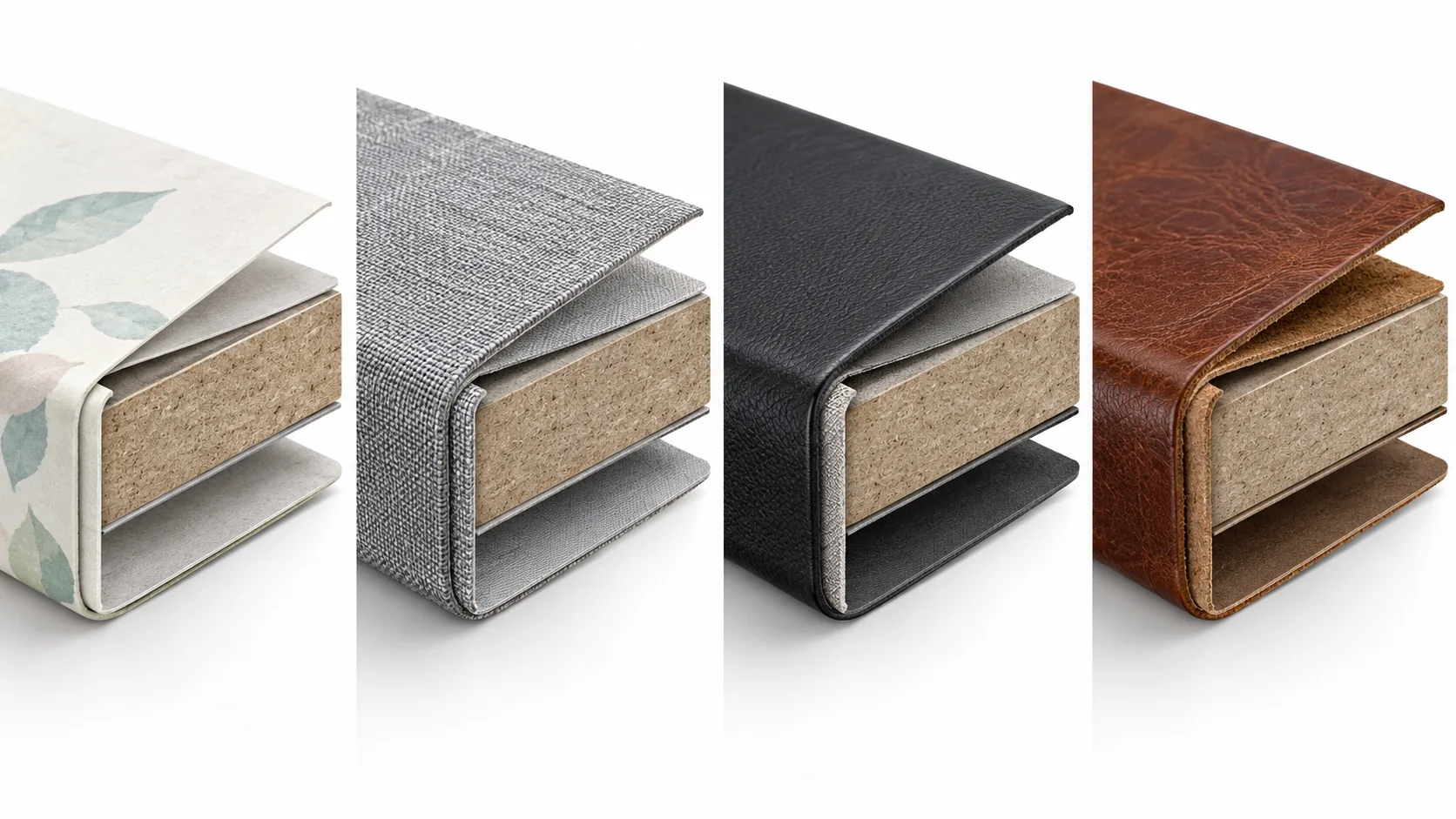 Technical comparison of four notebook cover materials layered over board construction