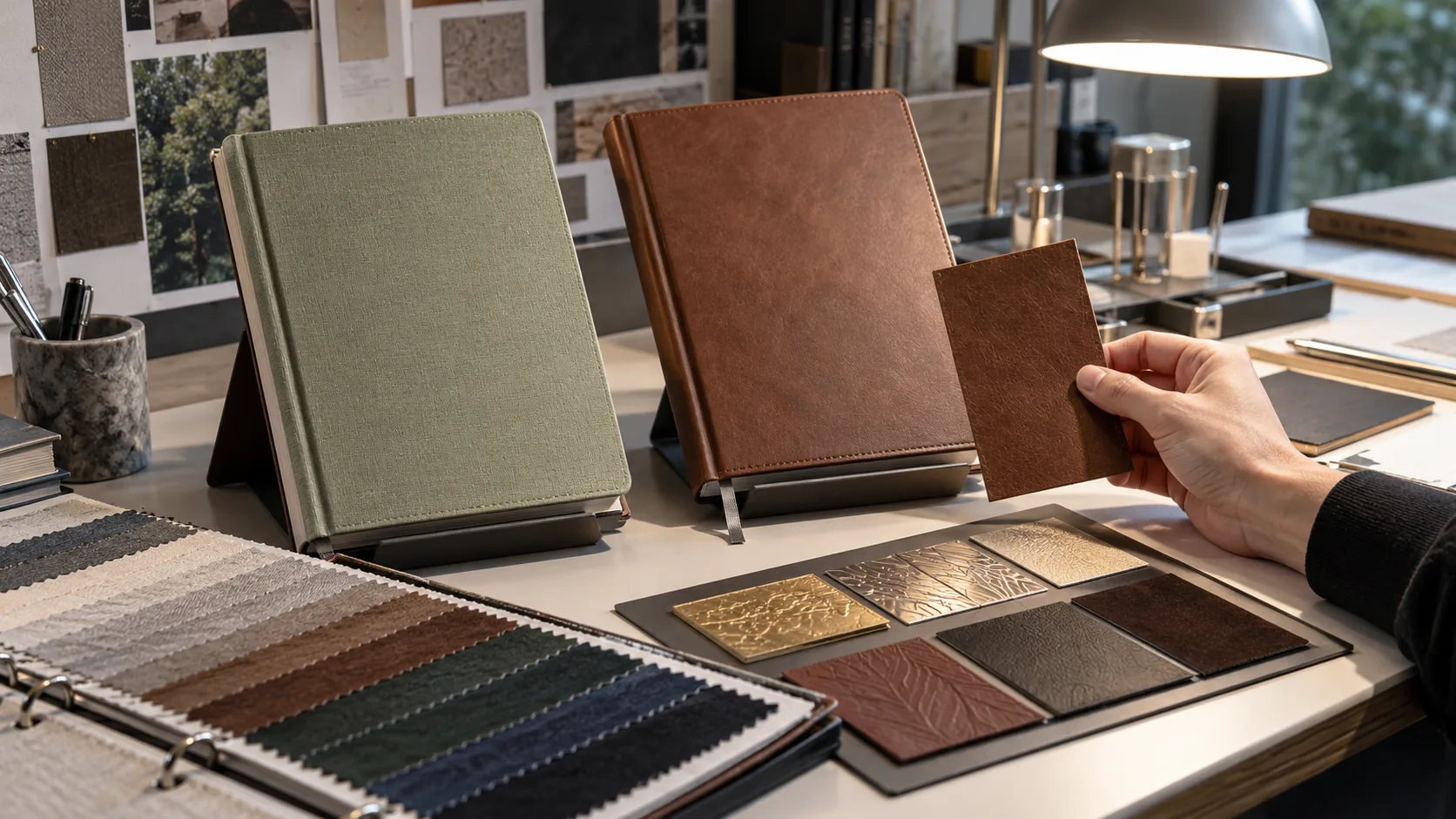 Notebook cover samples and a production brief reviewed in a sourcing meeting
