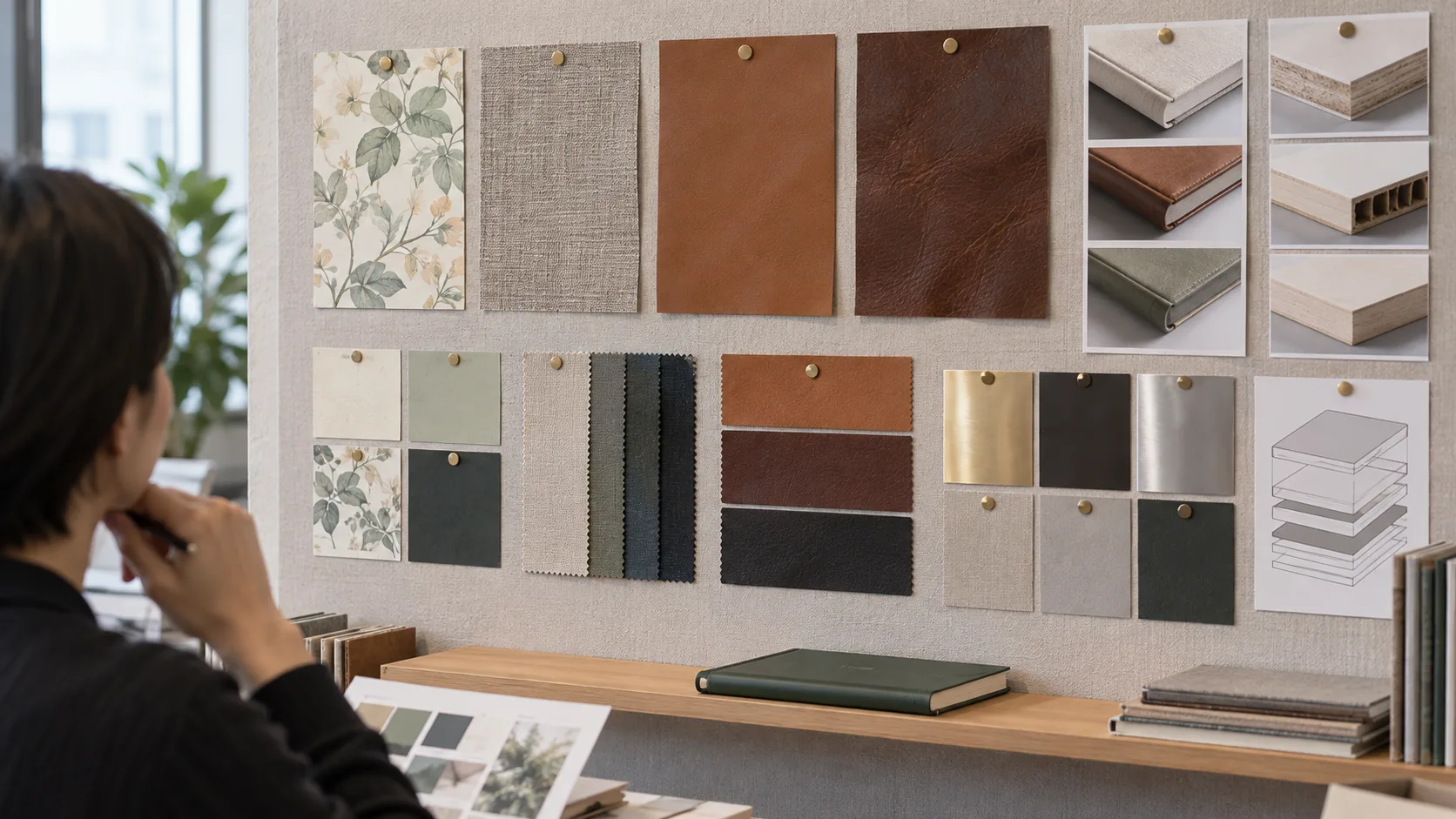 Notebook cover samples beside blank RFQ cards, board pieces, and finish swatches