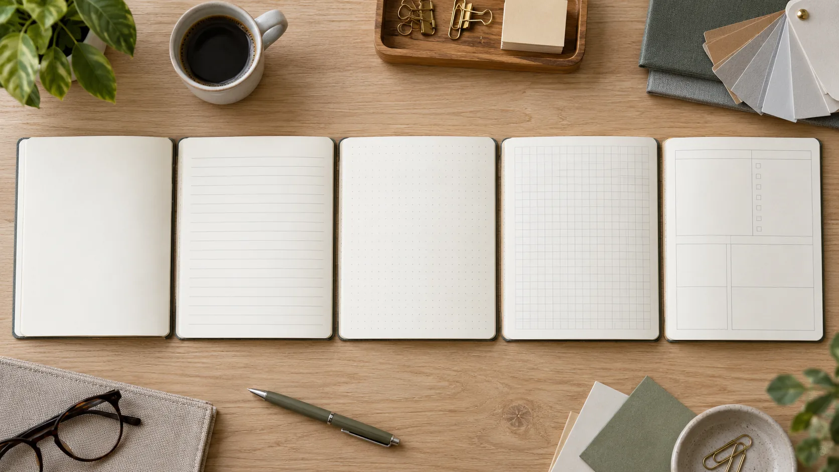 Close view of blank, ruled, dot-grid, graph, and planner notebook interiors