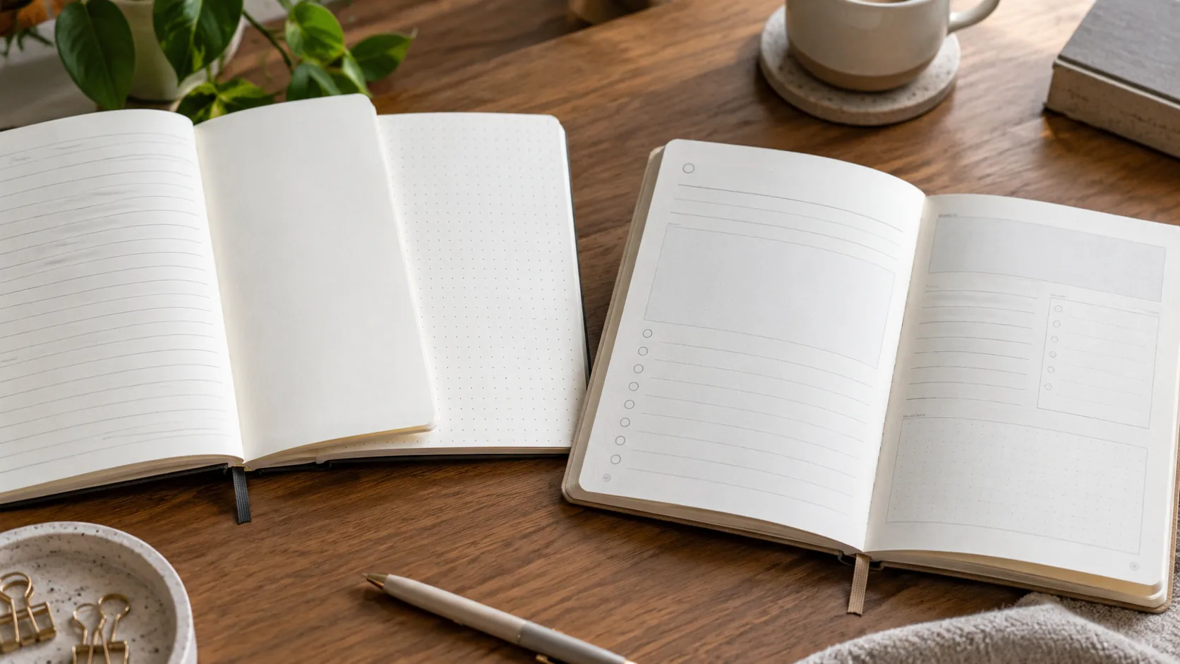 Notebook pages and guided journal pages shown side by side