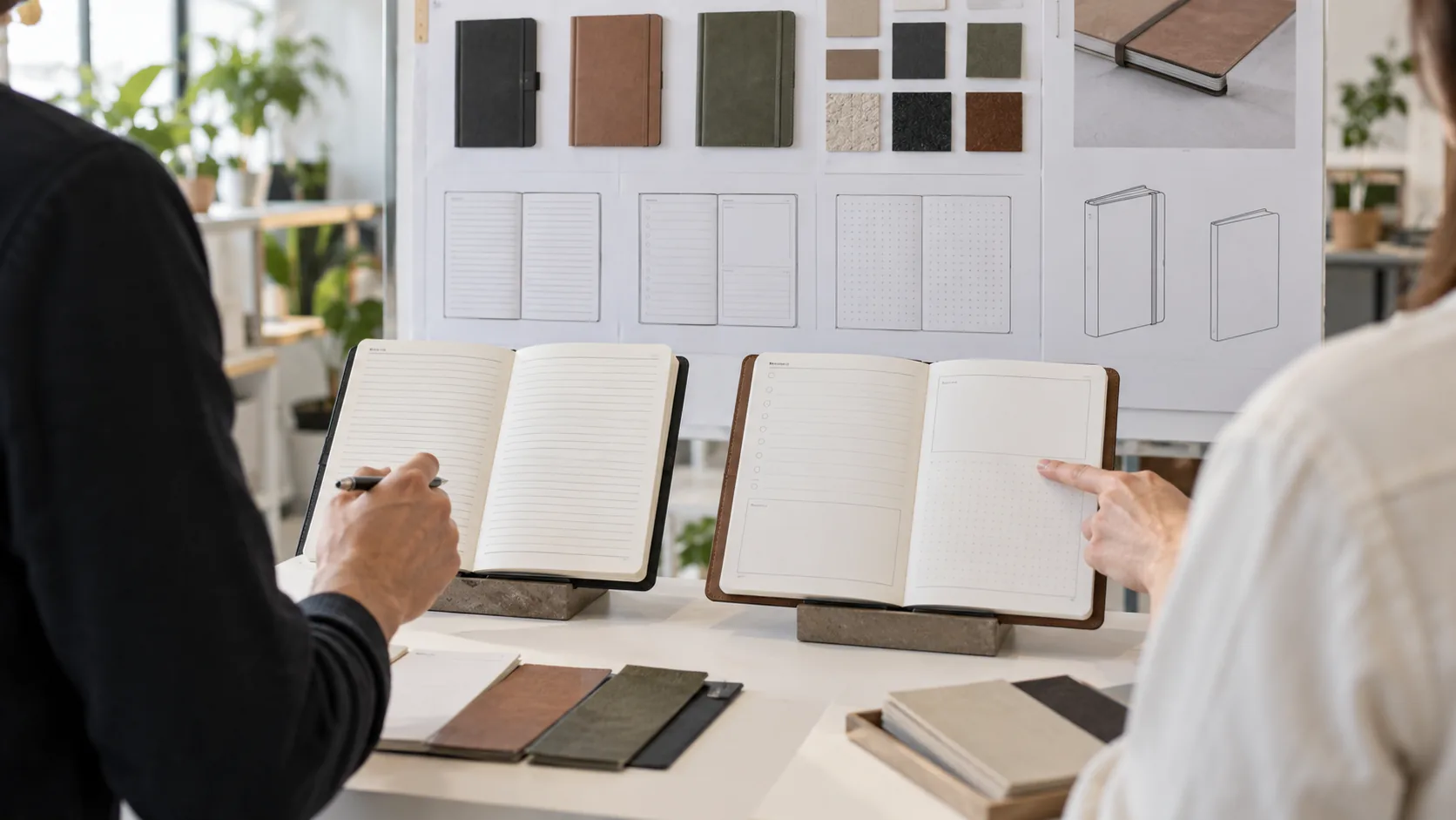 Notebook and journal samples discussed during a product planning meeting