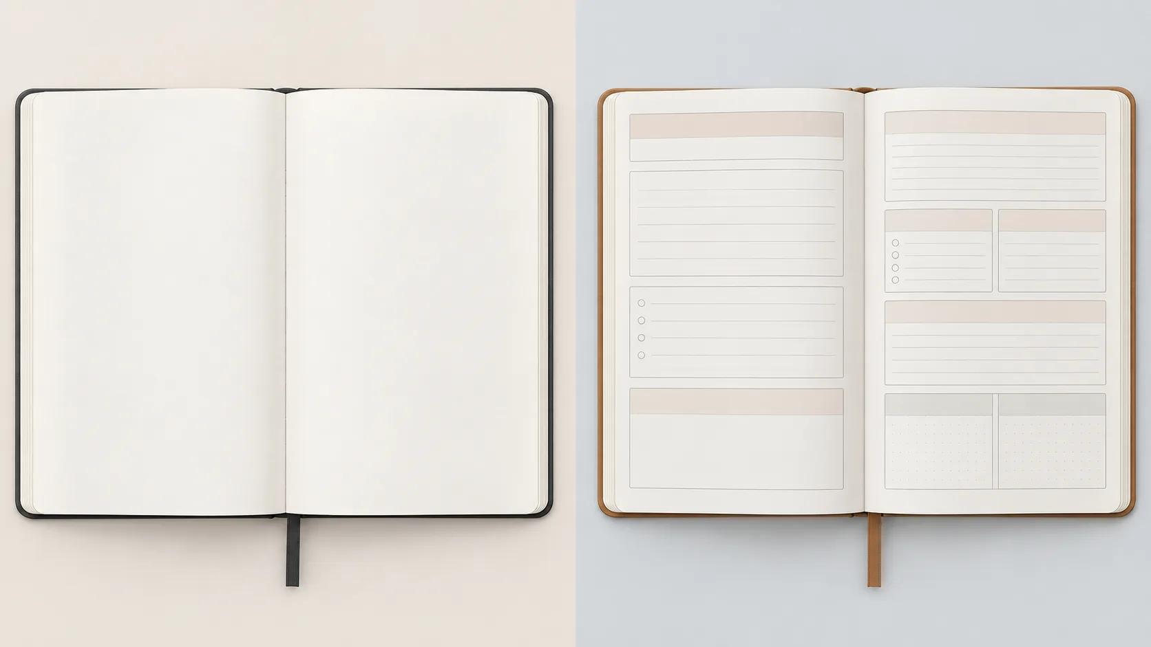 Technical diagram contrasting open note pages with guided journal page architecture