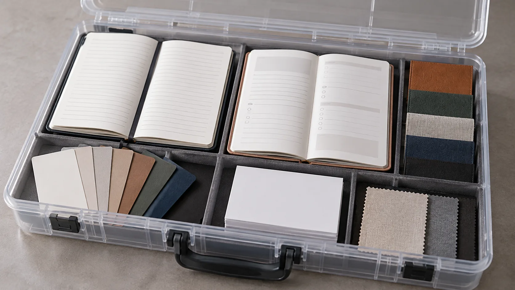 Notebook and journal samples beside blank RFQ cards and material references