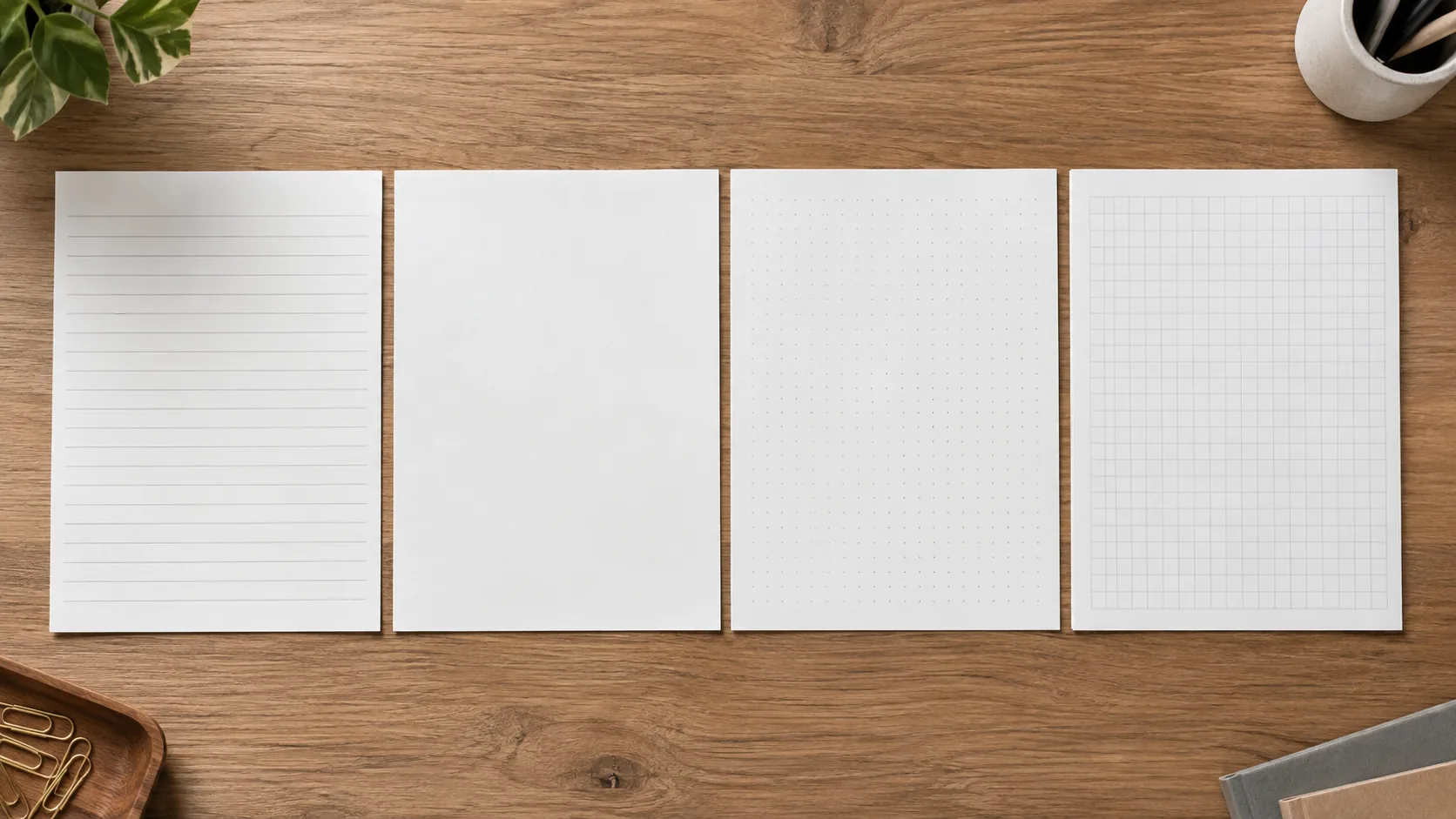 Ruled, blank, dot-grid, and graph notebook page samples arranged side by side