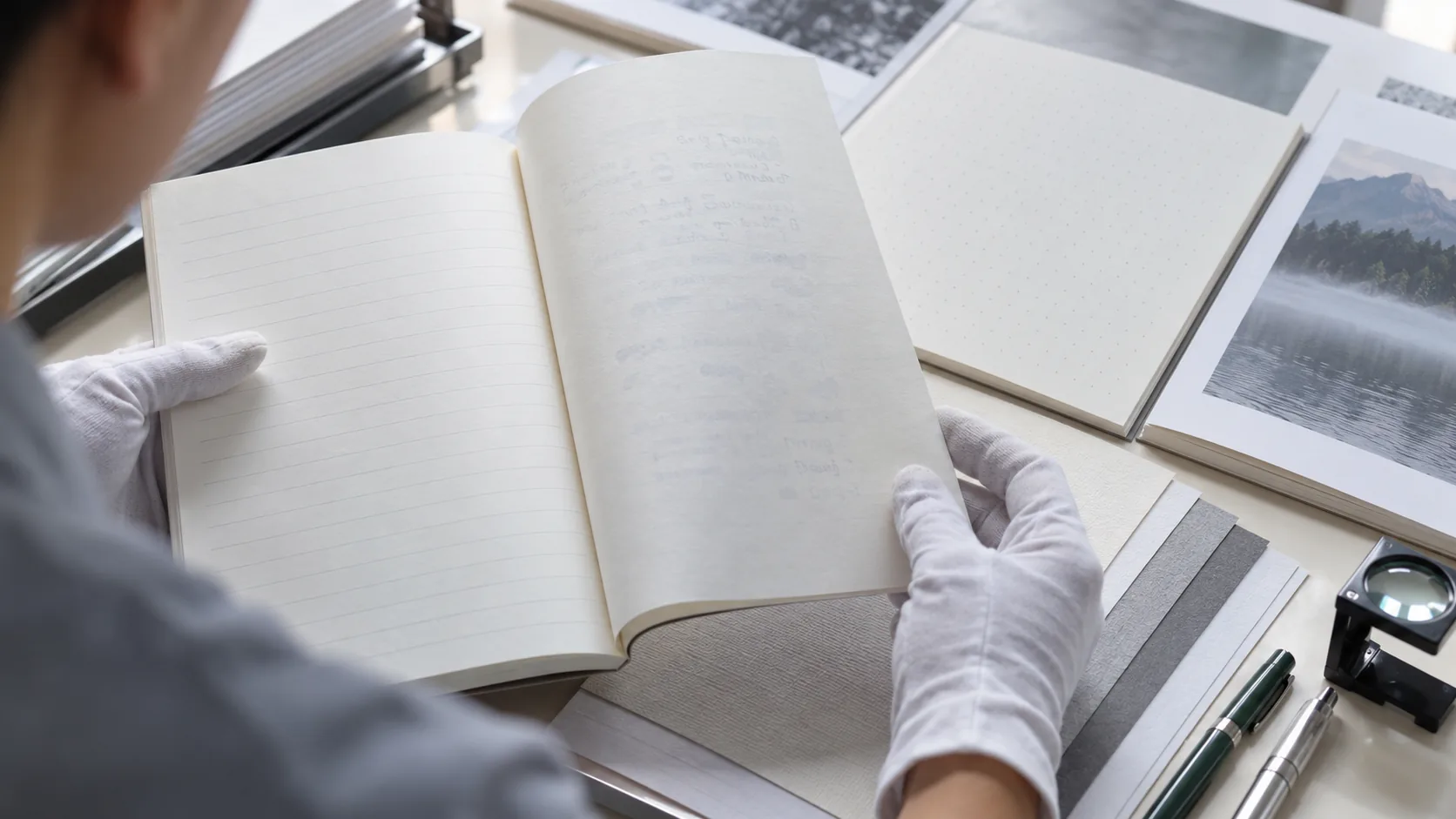 Notebook paper samples, a bound dummy, writing tools, and blank approval cards on a table
