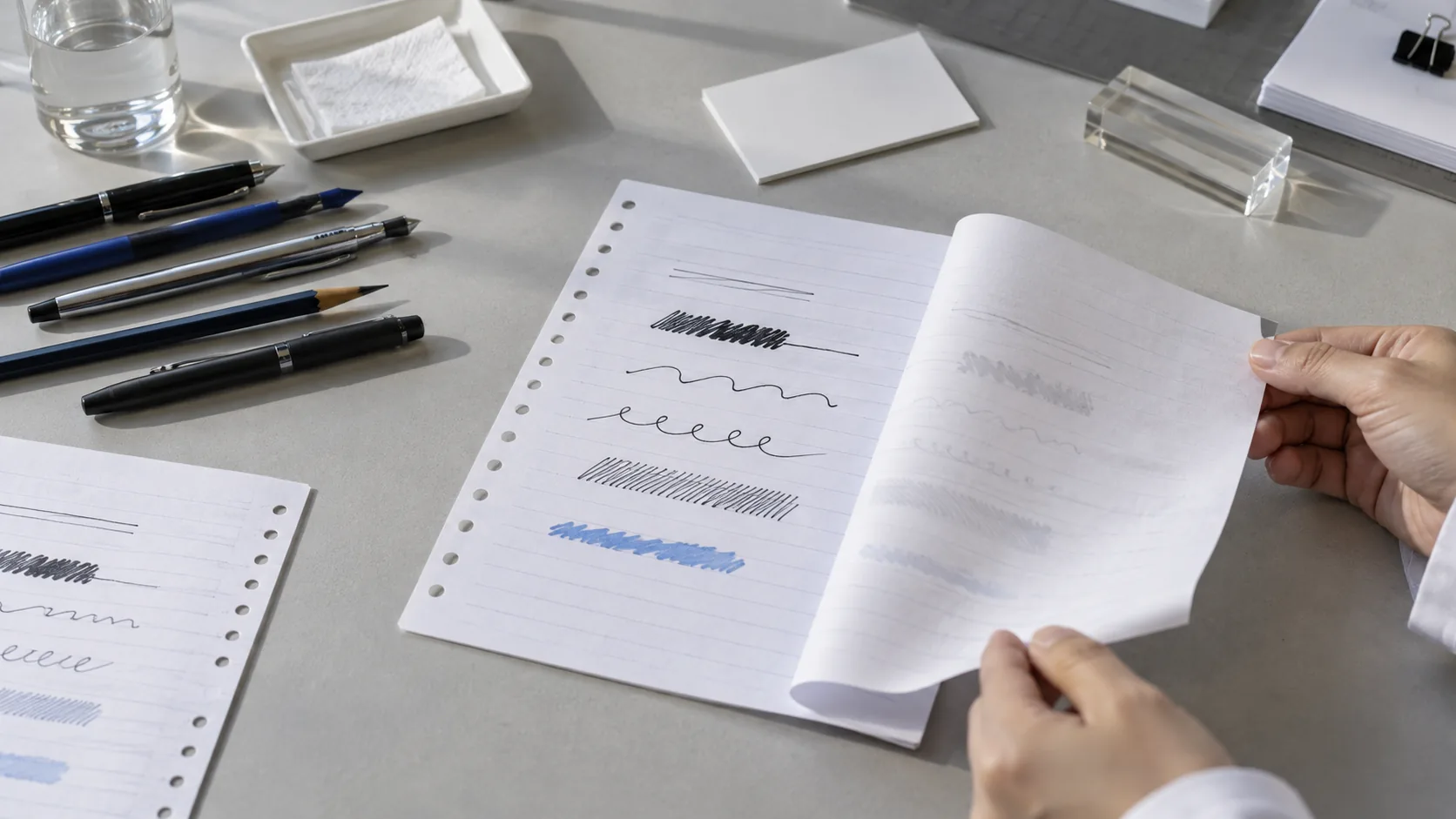 Writing tools tested on both sides of a notebook paper sample