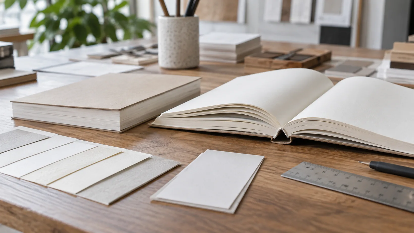 Bound notebook dummy beside paper thickness swatches and a closed spine