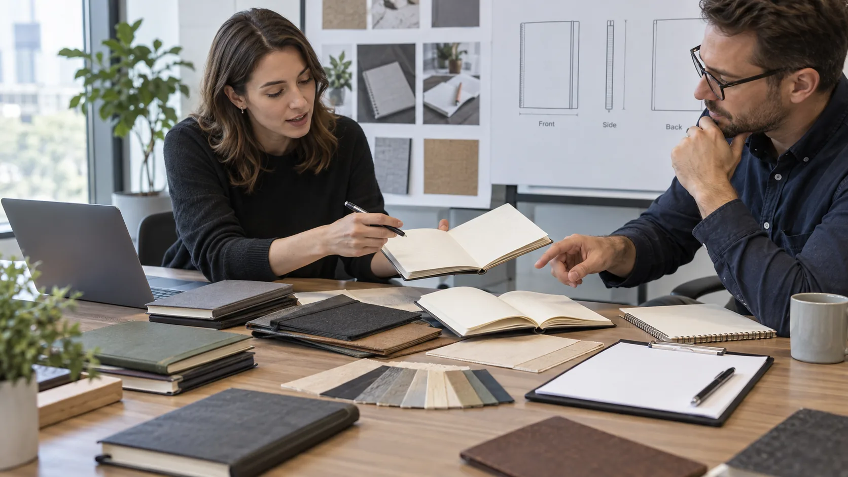 Notebook samples and a production brief reviewed during a professional sourcing meeting