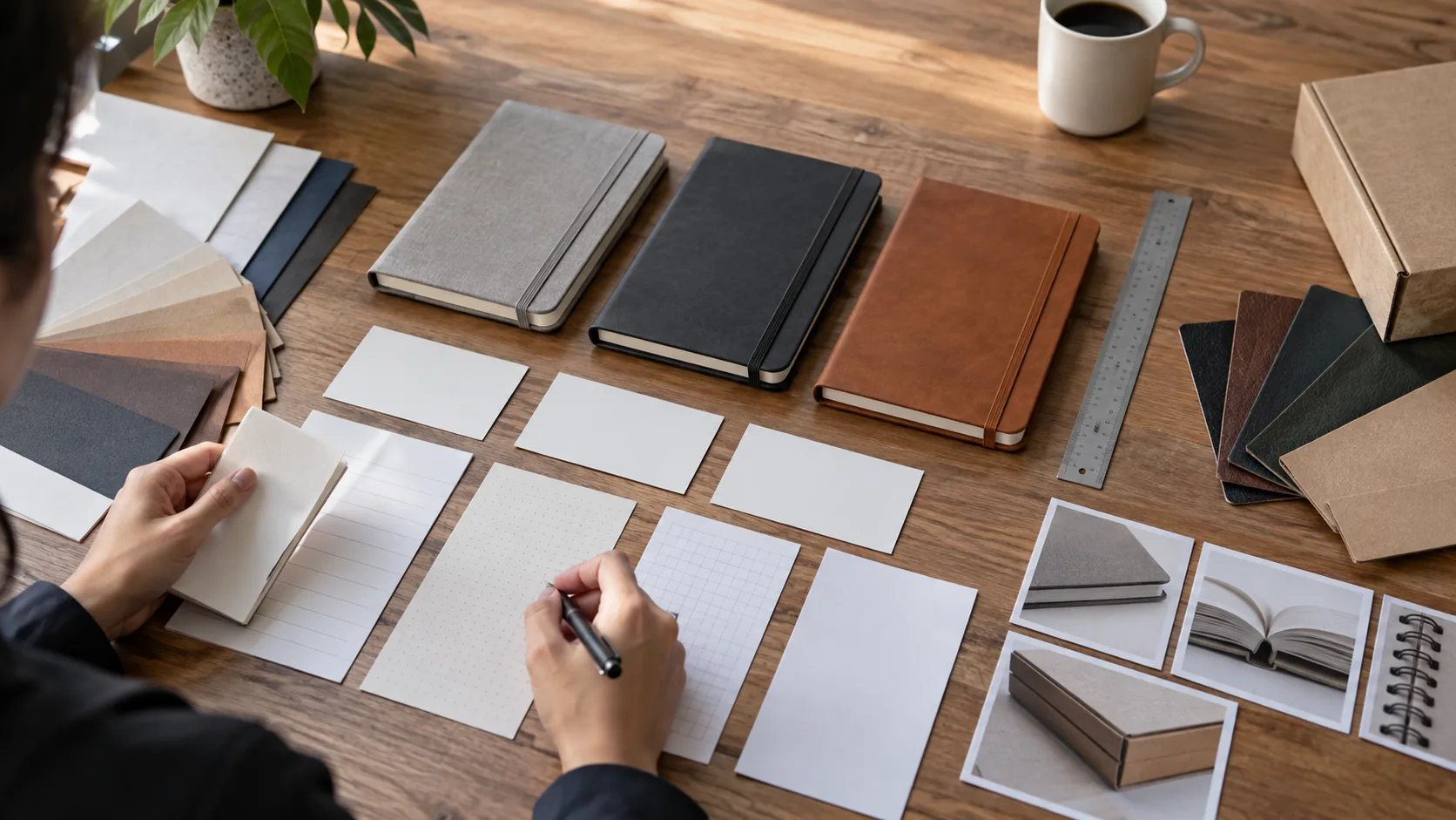Notebook samples beside blank specification cards, material swatches, and a measuring tool