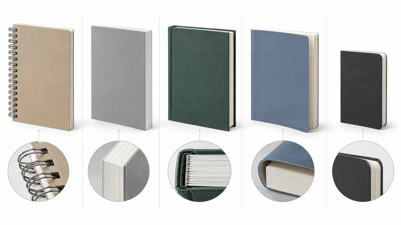 Technical comparison of five notebook constructions and binding cross-sections