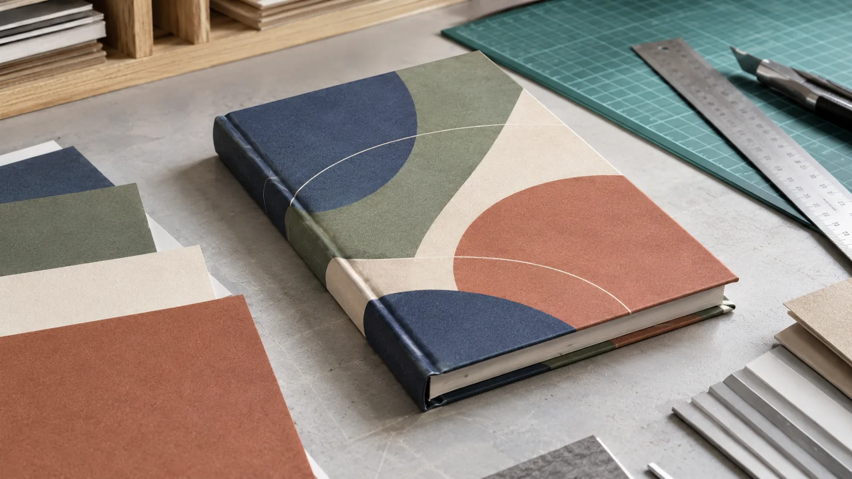 Printed paperboard notebook cover sample wrapped over a rigid board