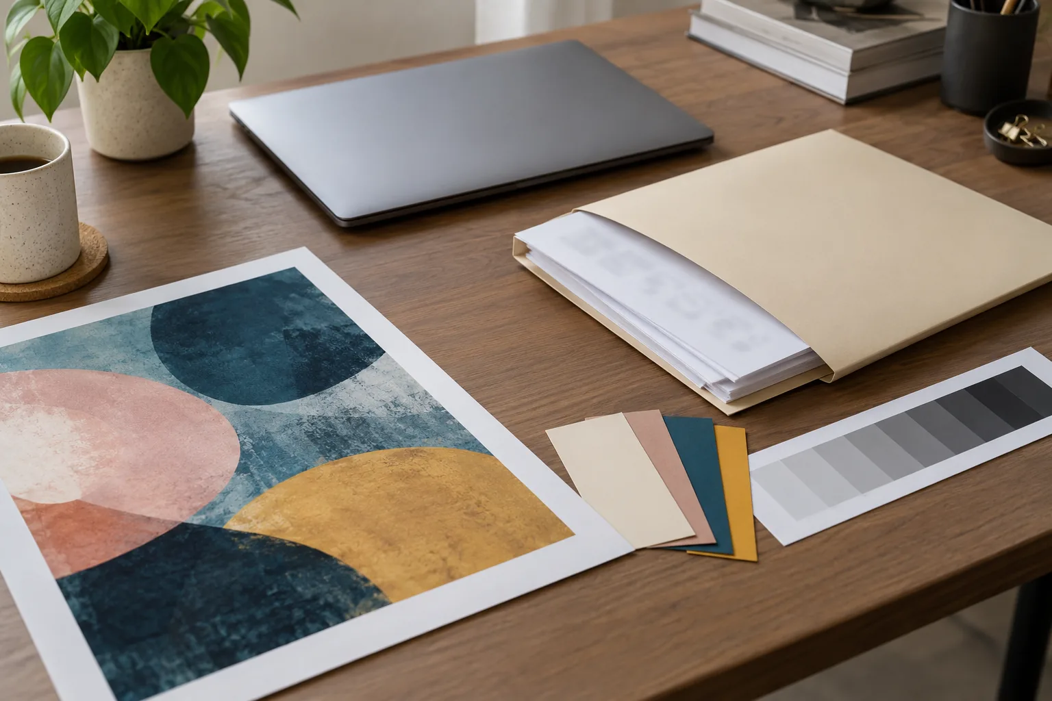 Printed abstract artwork, paper swatches, a grayscale strip, and an open sample binder on a desk