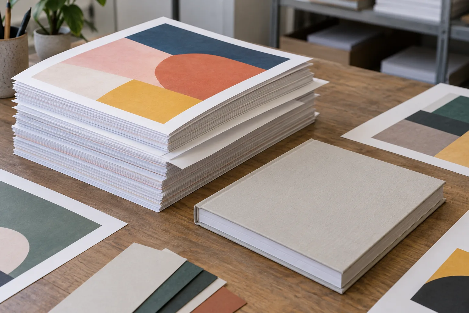 Stack of abstract color-printed sheets beside a closed cloth-covered book and paper swatches