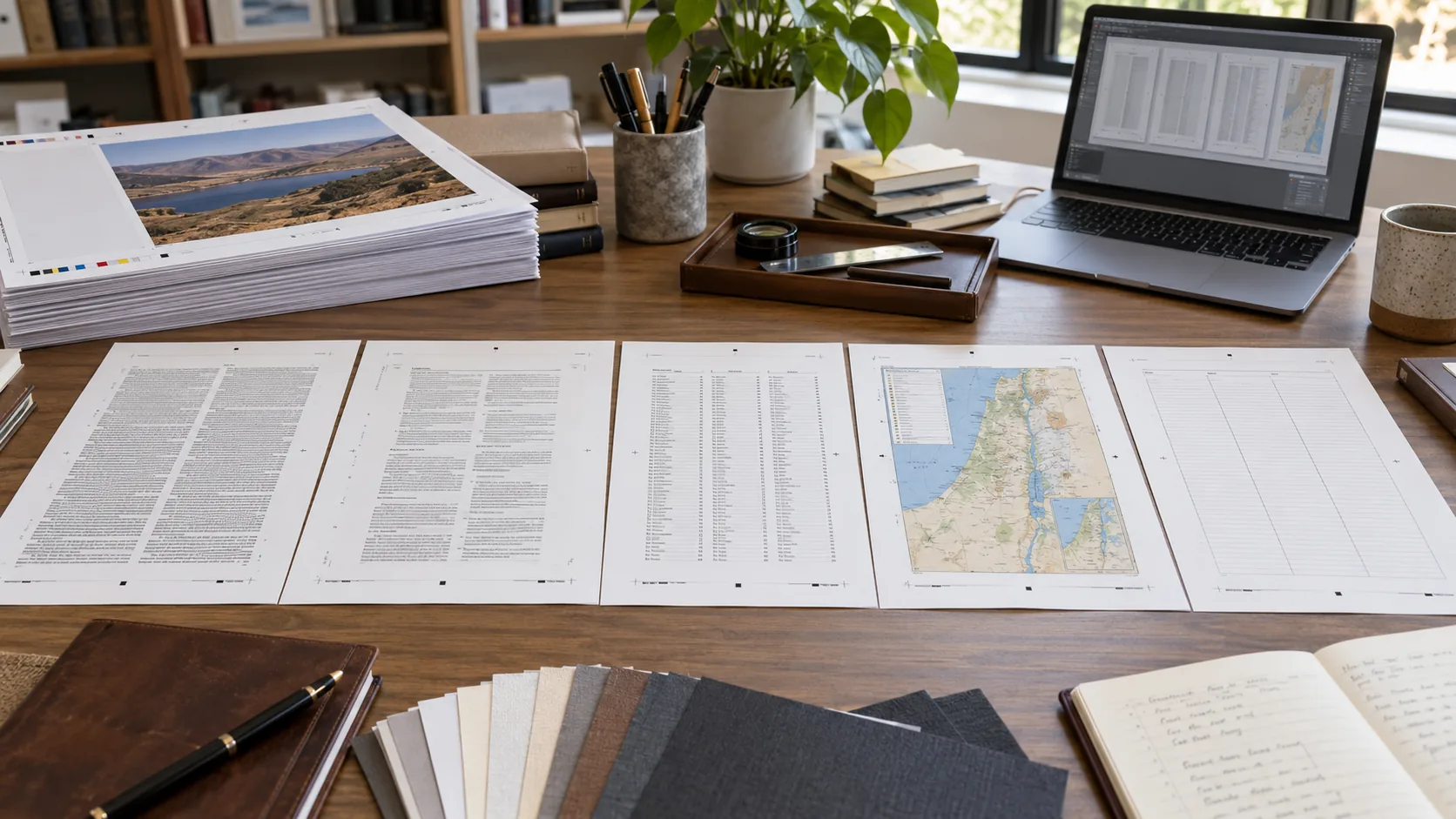 Bible publishing proof sheets with abstract notes, index pages, and map inserts