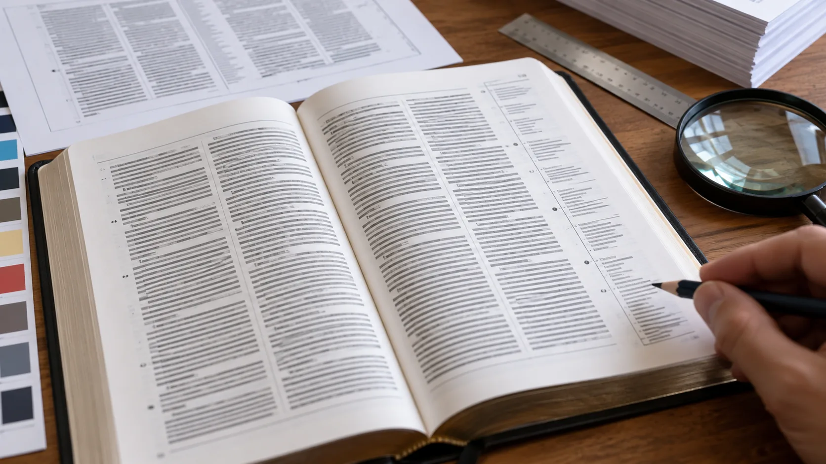 Bible page proof showing reference markers and a separate cross-reference area
