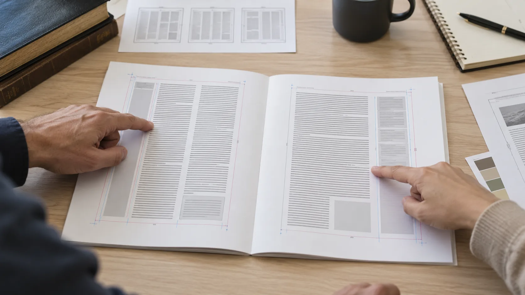 Reference Bible layout proof spread reviewed for columns, margins, and type hierarchy