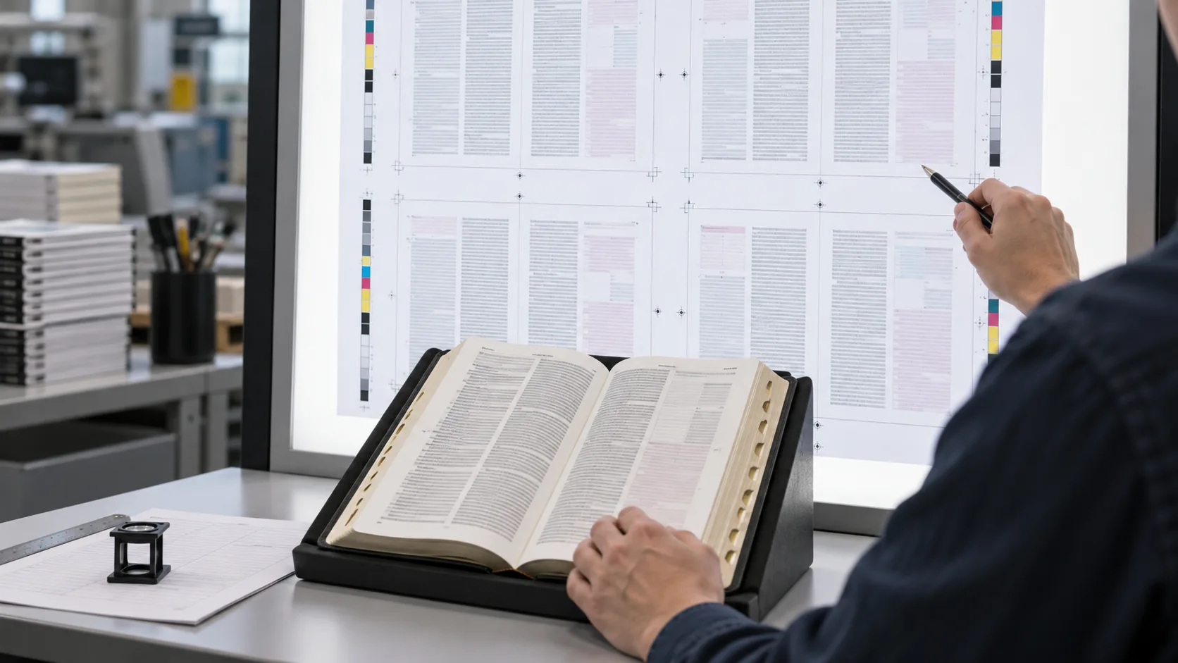 Reference Bible page proofs and a production brief reviewed in a publisher meeting