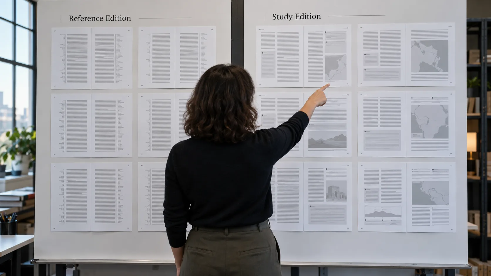 Bible edition planning boards comparing navigation aids and expanded study content