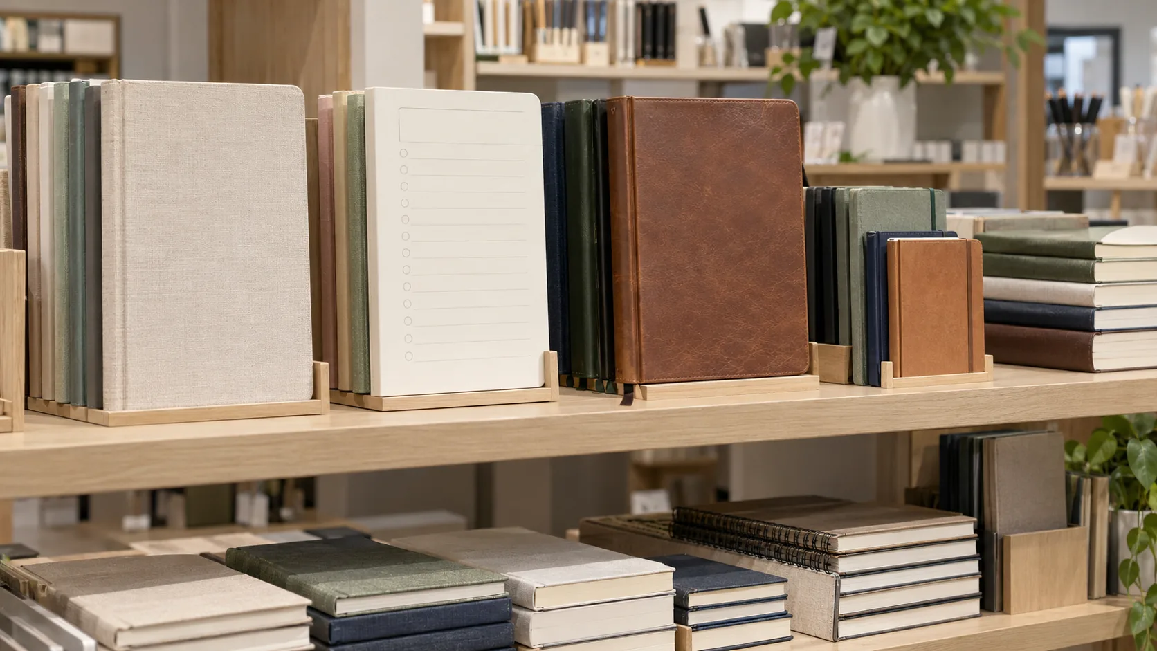 A coordinated family of unbranded notebooks with different covers arranged on a retail shelf