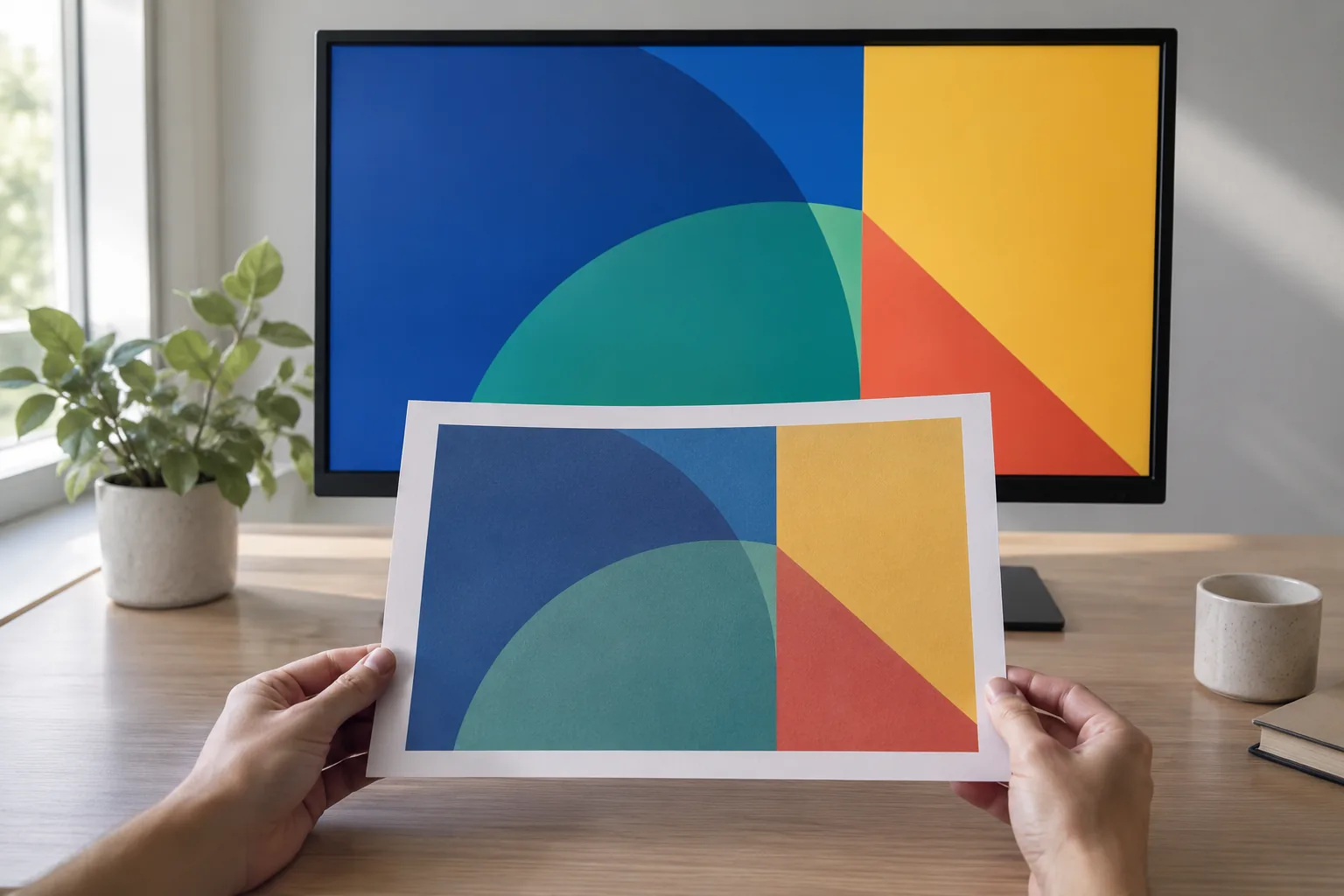Hands holding a geometric printed proof in front of a monitor showing the same design