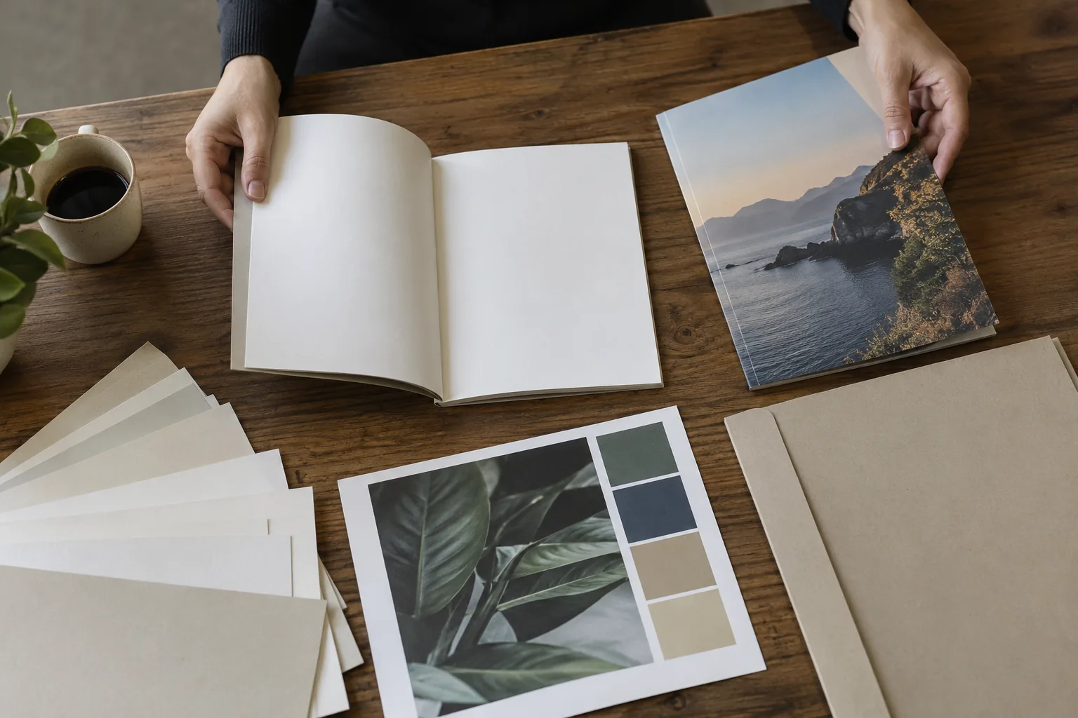 Hands reviewing an open blank book beside an illustrated book, paper swatches, and sample sheets