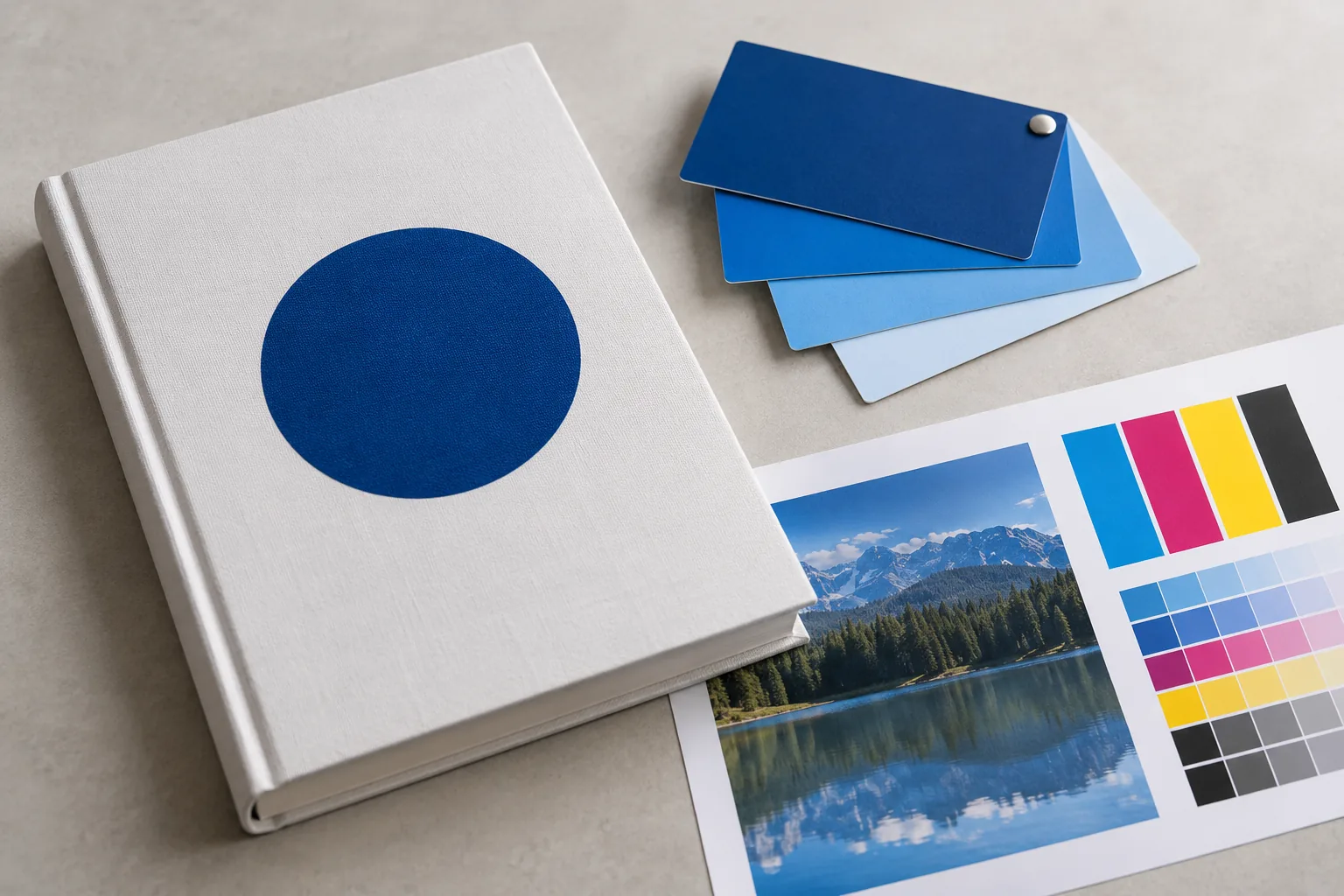 White book cover with a blue circle beside blue swatches, a color chart, and a photo proof