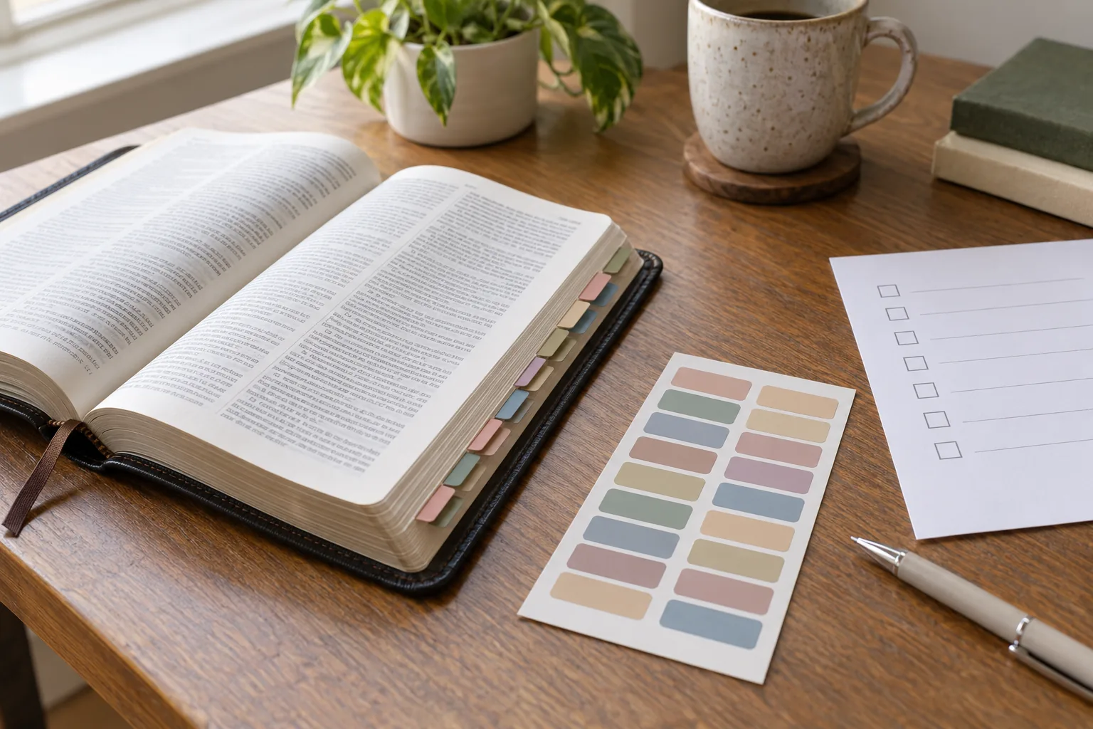 Open Bible with colored edge tabs beside a blank tab sample sheet and checklist
