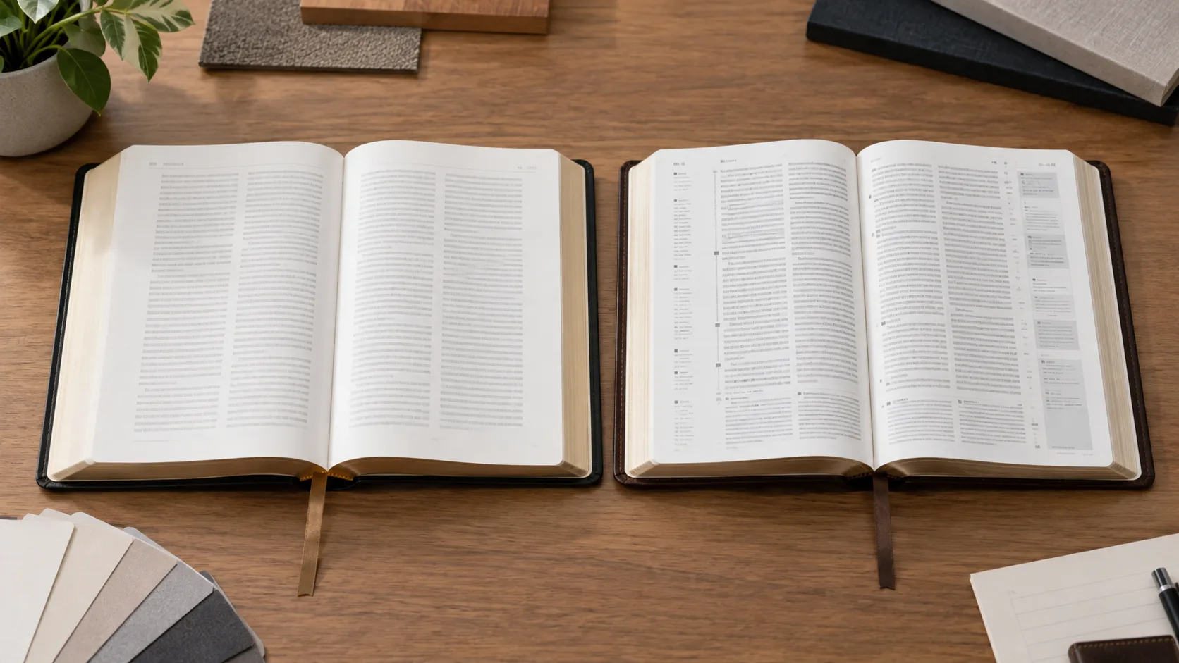 Text-only and reference Bible page dummies compared side by side