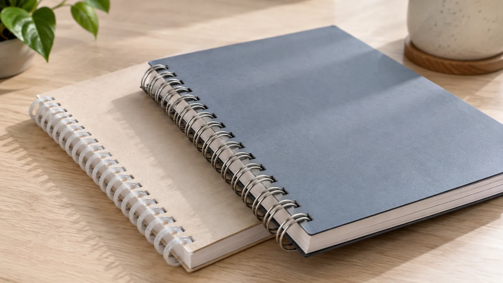 Wire-O and plastic spiral notebook edges shown with coordinated covers