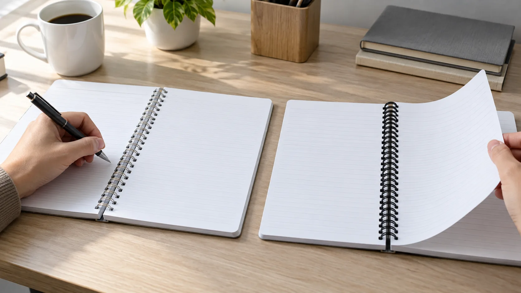 Wire-O and plastic spiral notebooks opened flat for writing on a desk