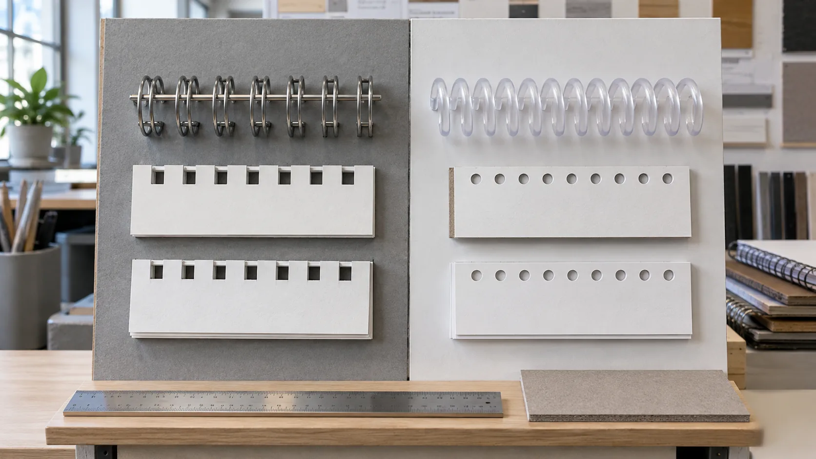Wire-O and plastic spiral samples beside blank binding specification cards