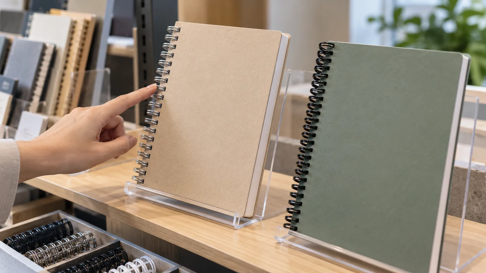 Wire-O and plastic spiral notebook samples reviewed during a sourcing meeting